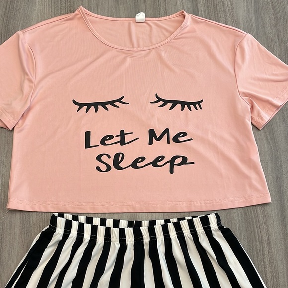 Women’s Pajama Shorts Black and White Stripe and Pink Top Let Me Sleep - Picture 2 of 12
